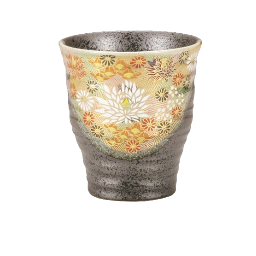 tasse à thé Kutani fleurs sur fond gris foncé