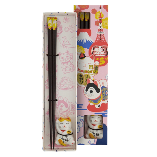 Set baguettes et pose baguettes maneki neko jaune