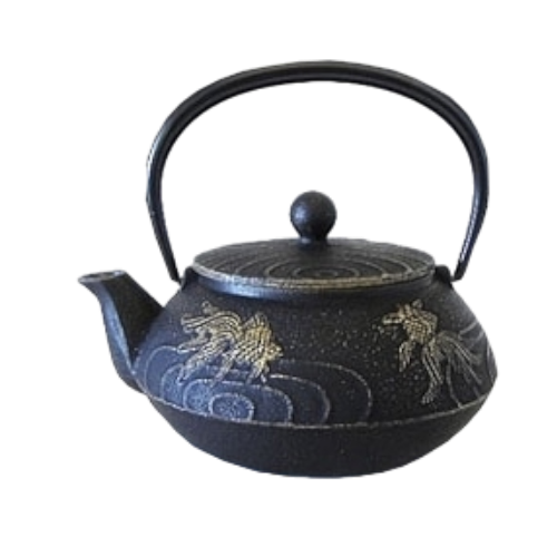 Théière en fonte motif carpe noir et or