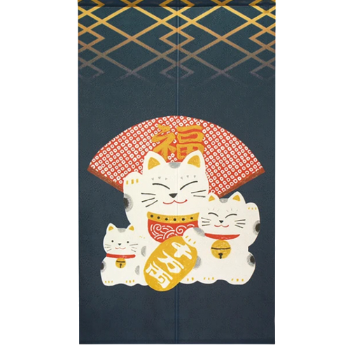 Noren Maneki neko éventail sur fond bleu bleu marine